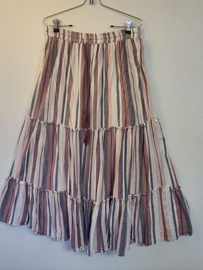 Striped Linen Blend Tiered Boho Skirt by Magic Women's Size Small